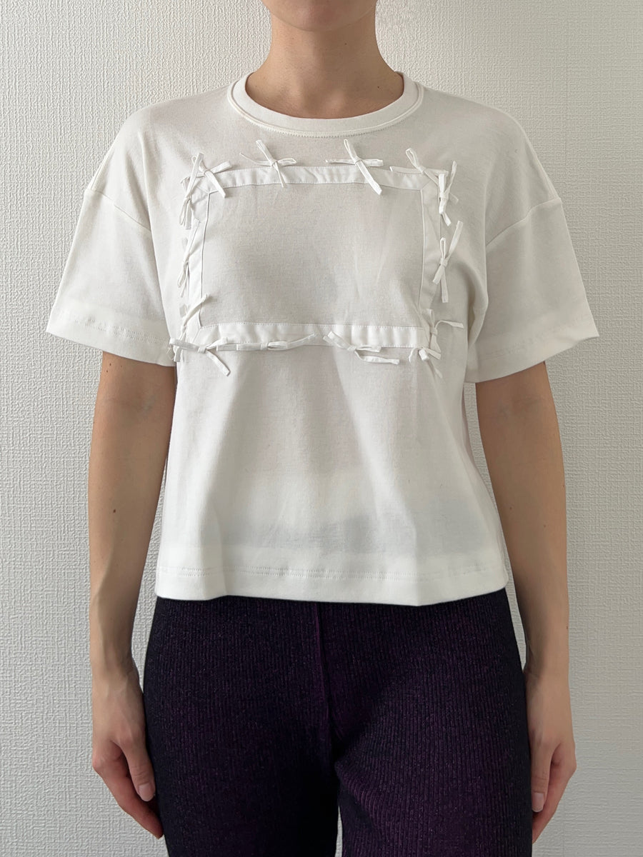 Cropped Short Sleeve Tee with Ribbons - WHITE