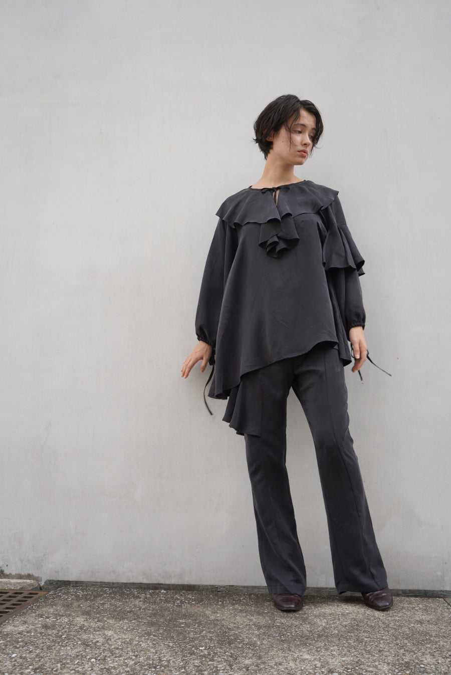 Satin Blouse with Frills - BLACK