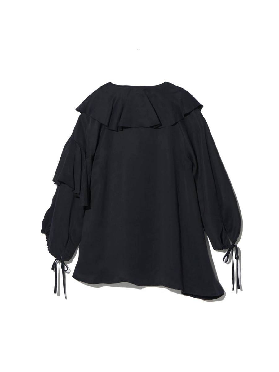 Satin Blouse with Frills - BLACK